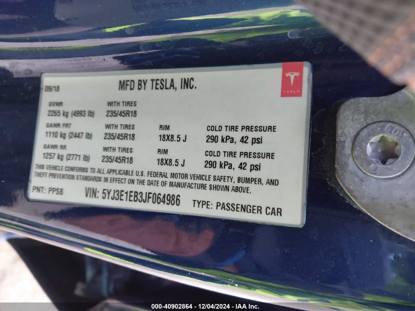 2018 TESLA MODEL 3 LONG RANGE/PERFORMANCE - 5YJ3E1EB3JF064986