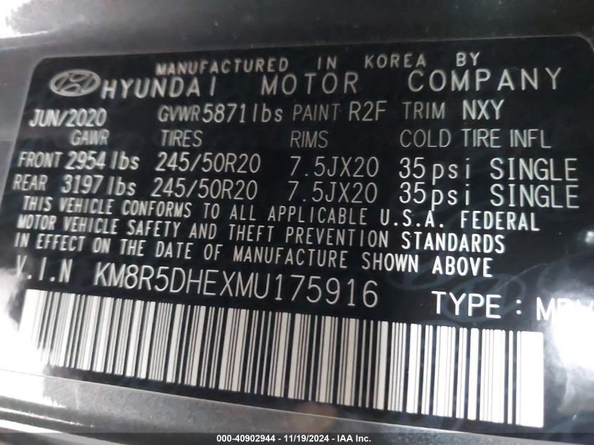 2021 Hyundai Palisade Limited VIN: KM8R5DHEXMU175916 Lot: 40902944