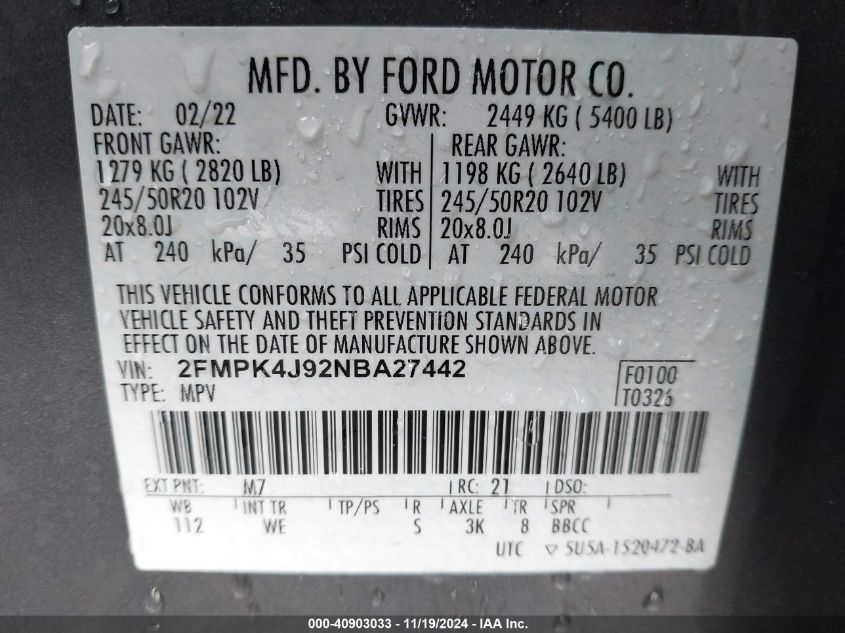 VIN 2FMPK4J92NBA27442 2022 FORD EDGE no.9