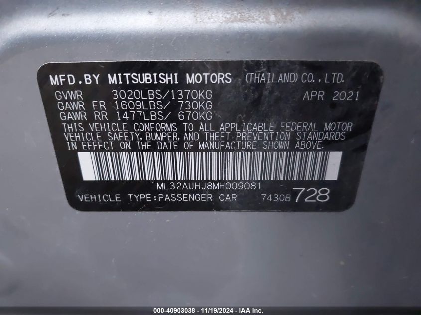 2021 Mitsubishi Mirage Carbonite Edition/Es/Le VIN: ML32AUHJ8MH009081 Lot: 40903038