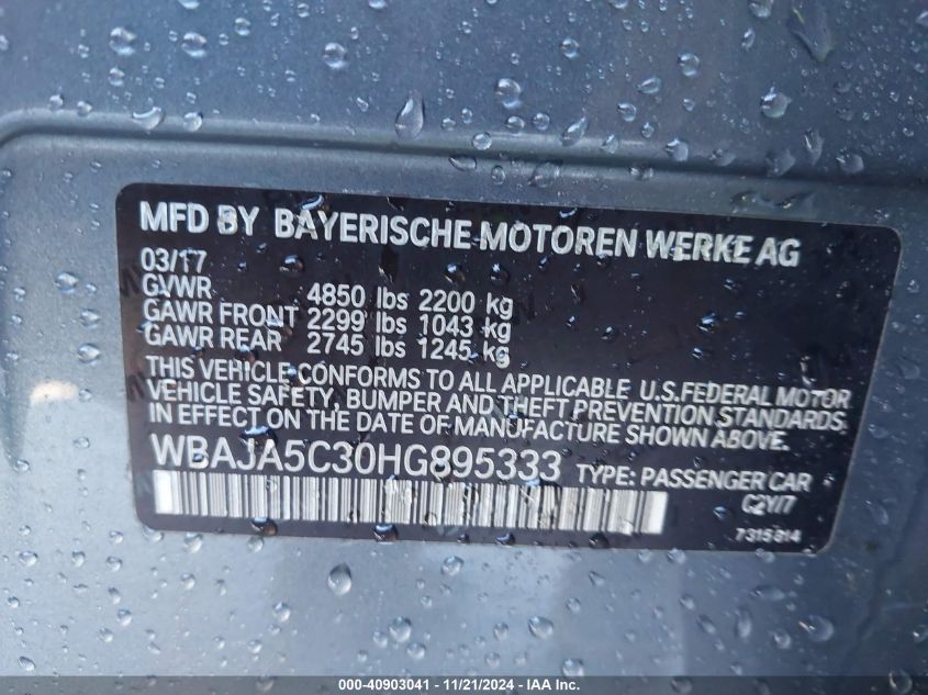 VIN WBAJA5C30HG895333 2017 BMW 5 Series, 530I no.9