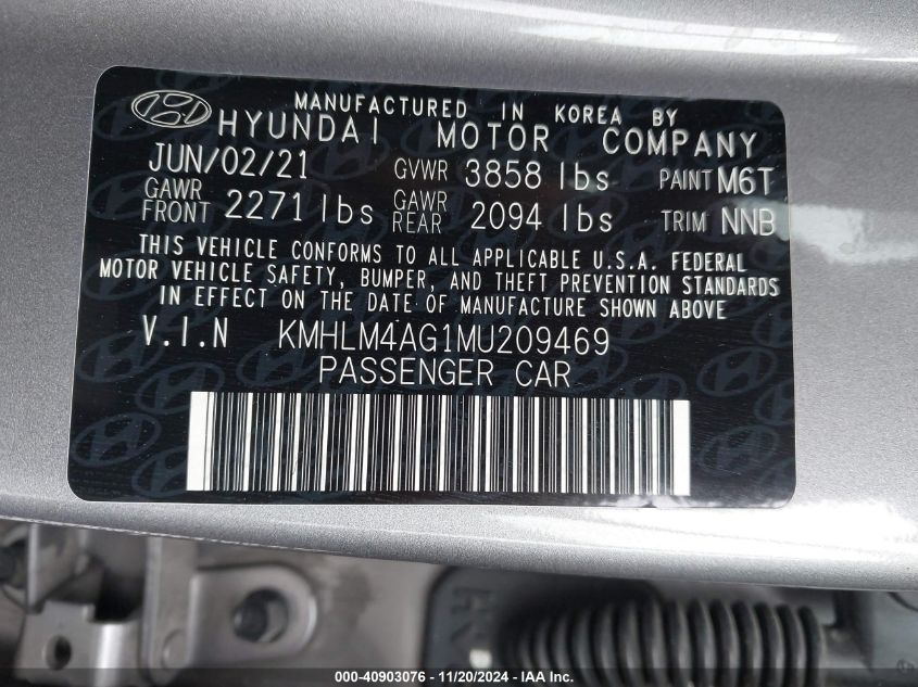 2021 Hyundai Elantra Sel VIN: KMHLM4AG1MU209469 Lot: 40903076