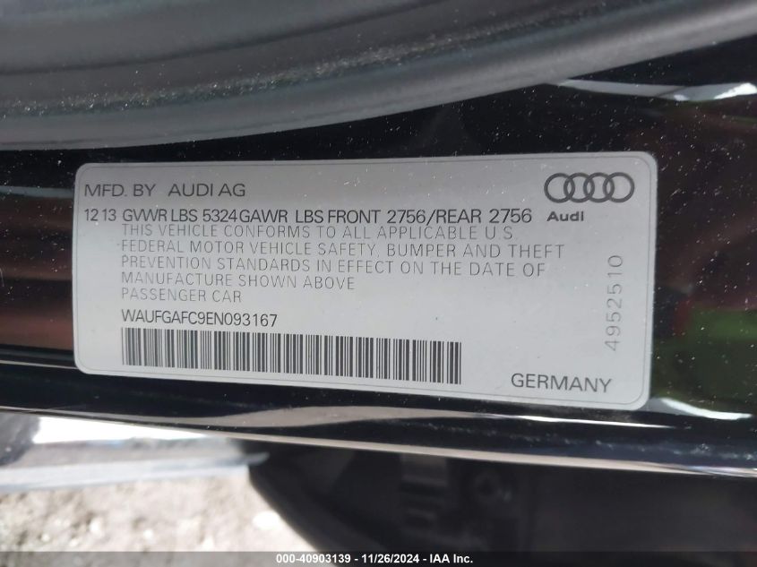 2014 Audi A6 3.0T Premium Plus VIN: WAUFGAFC9EN093167 Lot: 40903139