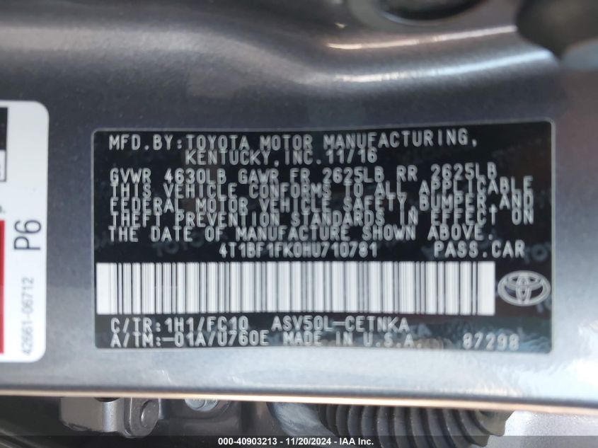 2017 TOYOTA CAMRY VIN: 4T1BF1FK0HU710781