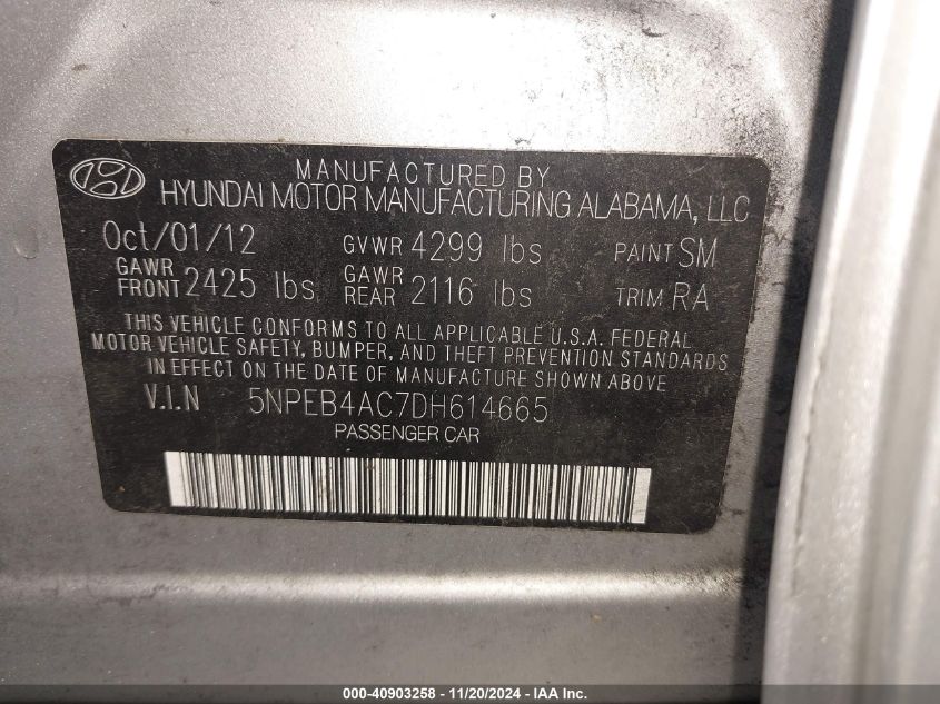 2013 Hyundai Sonata Gls VIN: 5NPEB4AC7DH614665 Lot: 43453593