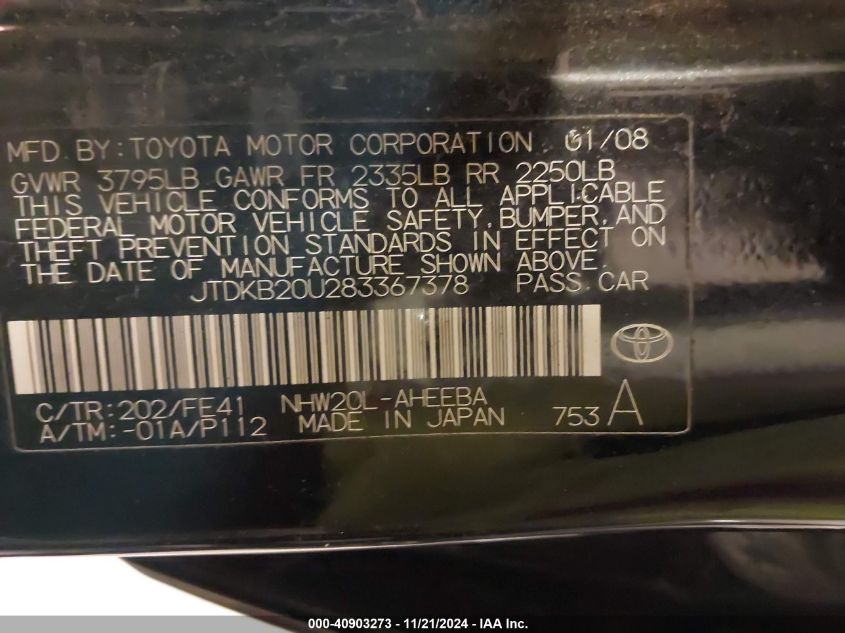 2008 Toyota Prius Touring VIN: JTDKB20U283367378 Lot: 40903273