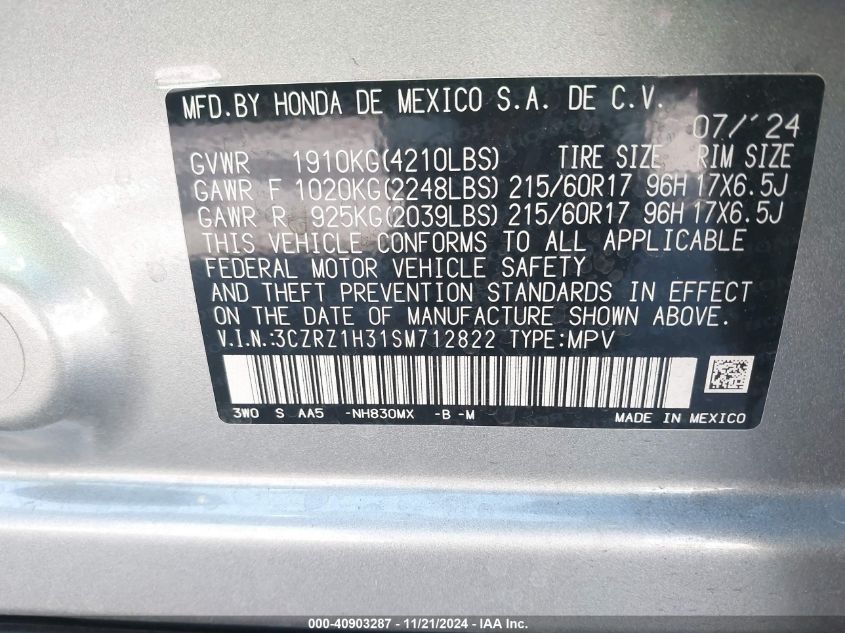 2025 Honda Hr-V 2Wd Lx VIN: 3CZRZ1H31SM712822 Lot: 40903287