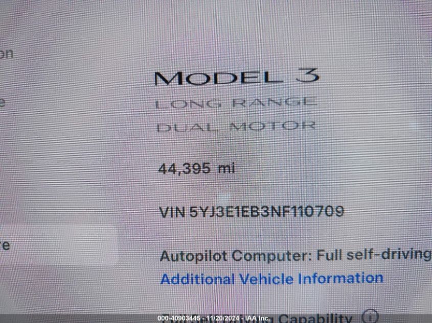 2022 Tesla Model 3 Long Range Dual Motor All-Wheel Drive VIN: 5YJ3E1EB3NF110709 Lot: 40903445