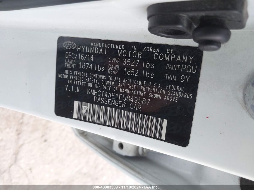 VIN KMHCT4AE1FU849587 2015 Hyundai Accent, Gls no.9