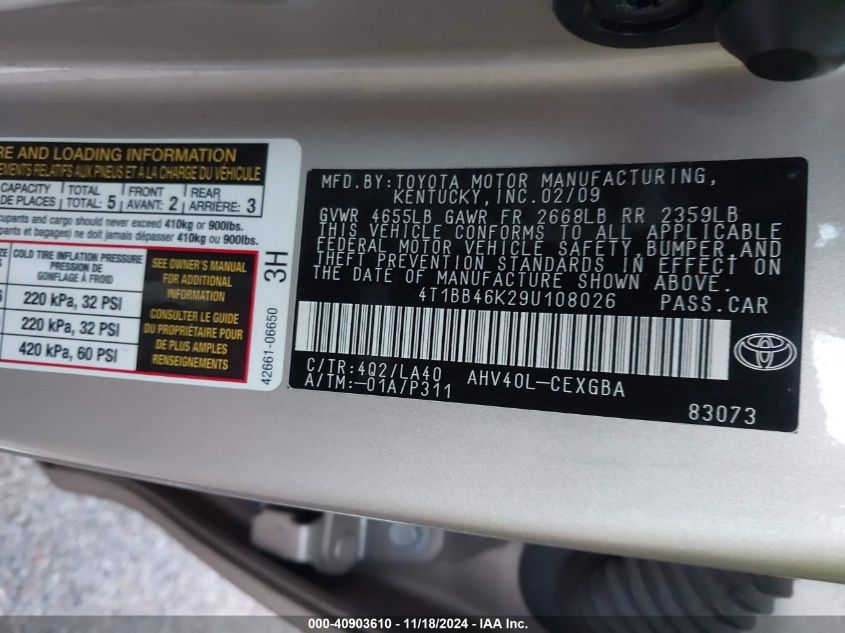 2009 Toyota Camry Hybrid VIN: 4T1BB46K29U108026 Lot: 40903610