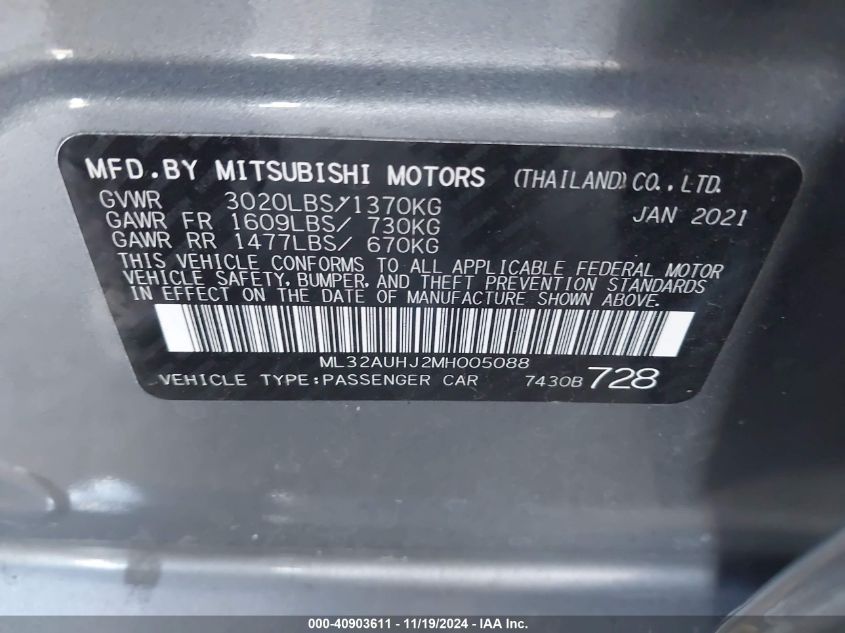 2021 Mitsubishi Mirage Carbonite Edition/Es/Le VIN: ML32AUHJ2MH005088 Lot: 40903611