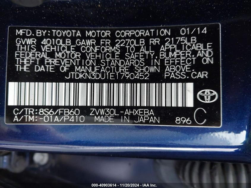 2014 Toyota Prius Two VIN: JTDKN3DU1E1790452 Lot: 40903614