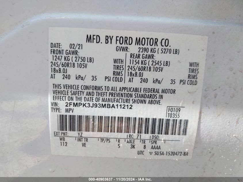 2021 Ford Edge Sel VIN: 2FMPK3J93MBA11212 Lot: 40903637