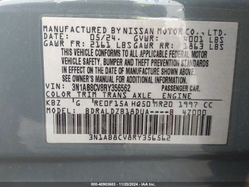 2024 Nissan Sentra Sv Xtronic Cvt VIN: 3N1AB8CV8RY356562 Lot: 40903683