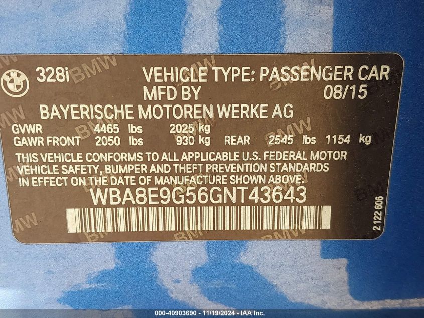 2016 BMW 328I VIN: WBA8E9G56GNT43643 Lot: 40903690