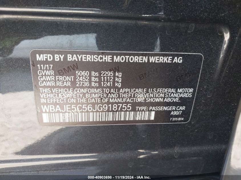 VIN WBAJE5C56JG918755 2018 BMW 5 Series, 540I no.9