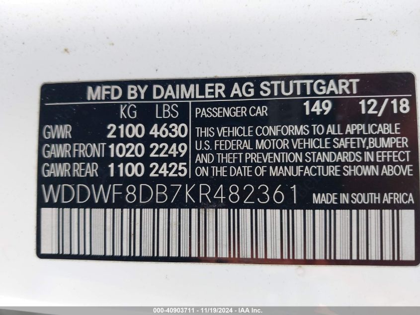 2019 MERCEDES-BENZ C VIN: WDDWF8DB7KR482361