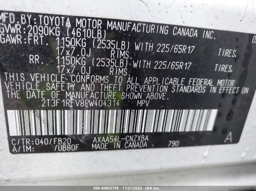 2023 Toyota Rav4 Le VIN: 2T3F1RFV8PW404314 Lot: 40903759