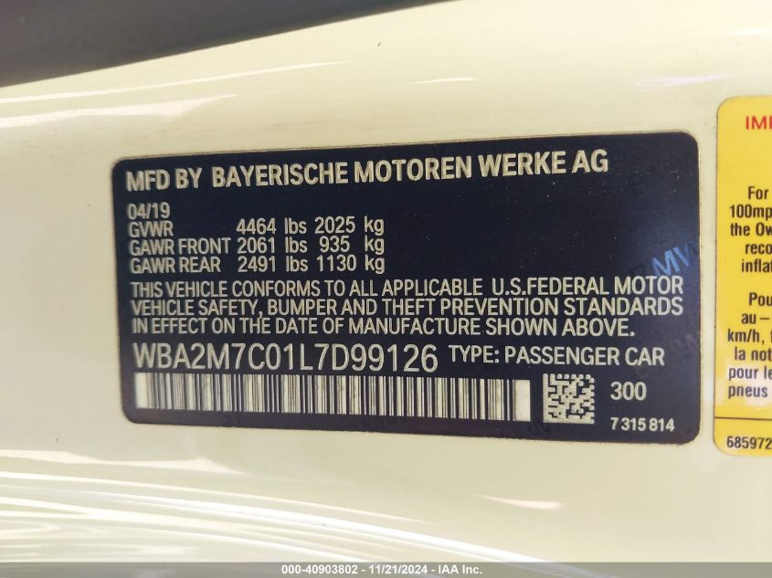 2020 BMW 230I VIN: WBA2M7C01L7D99126 Lot: 40903802