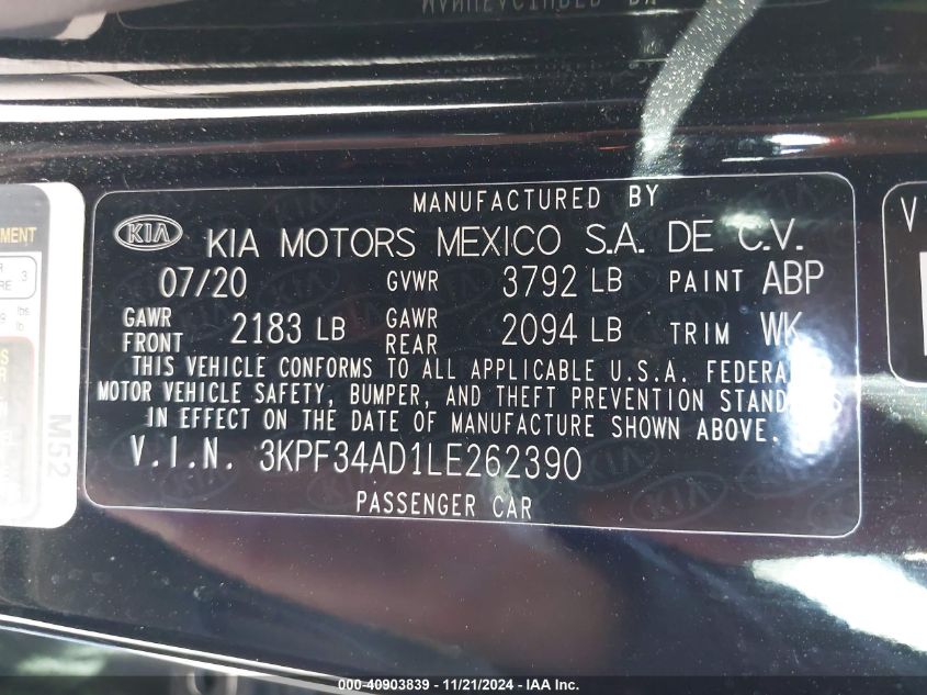 2020 Kia Forte Gt-Line VIN: 3KPF34AD1LE262390 Lot: 40903839