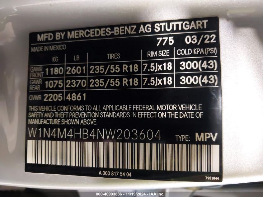 2022 Mercedes-Benz Glb 250 4Matic VIN: W1N4M4HB4NW203604 Lot: 40903886