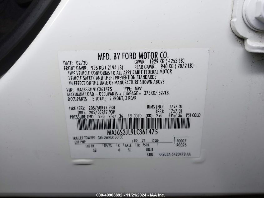 2020 Ford Ecosport Ses VIN: MAJ6S3JL9LC361475 Lot: 40903892