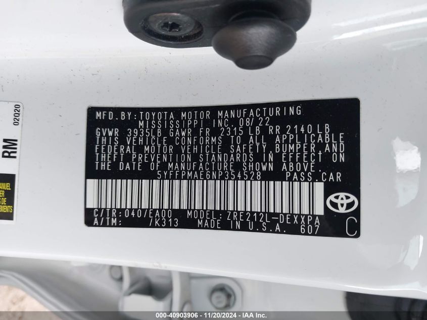 2022 Toyota Corolla Xle VIN: 5YFFPMAE6NP354528 Lot: 40903906