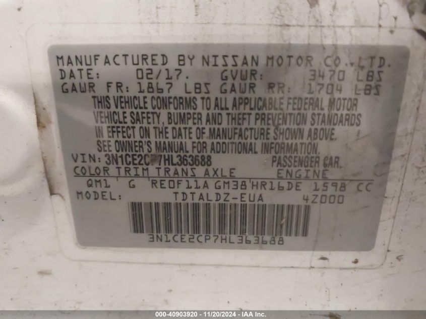 2017 NISSAN VERSA NOTE VIN: 3N1CE2CP7HL363688