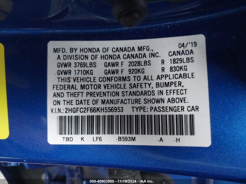 2019 HONDA CIVIC VIN: 2HGFC2F66KH556953