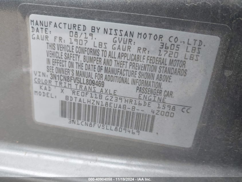 2020 Nissan Versa Sr Xtronic Cvt VIN: 3N1CN8FV5LL809469 Lot: 40904058