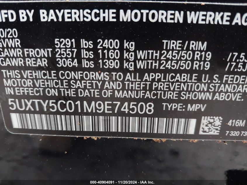 2021 BMW X3 xDrive30I VIN: 5UXTY5C01M9E74508 Lot: 40904091