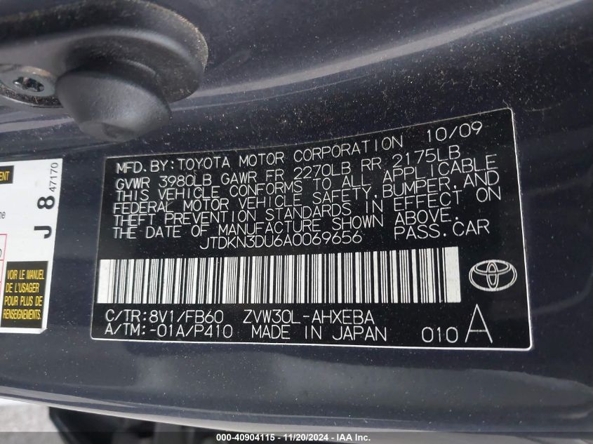 2010 Toyota Prius Ii VIN: JTDKN3DU6A0069656 Lot: 40904115