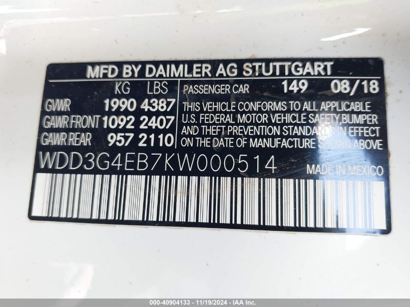 2019 Mercedes-Benz A 220 VIN: WDD3G4EB7KW000514 Lot: 40904133