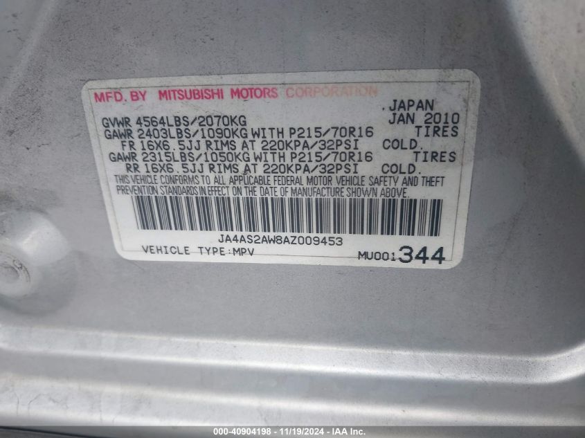 2010 Mitsubishi Outlander Es VIN: JA4AS2AW8AZ009453 Lot: 40904198