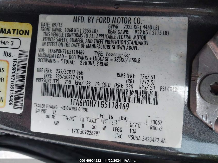 2016 FORD FUSION SE - 1FA6P0H71G5118469