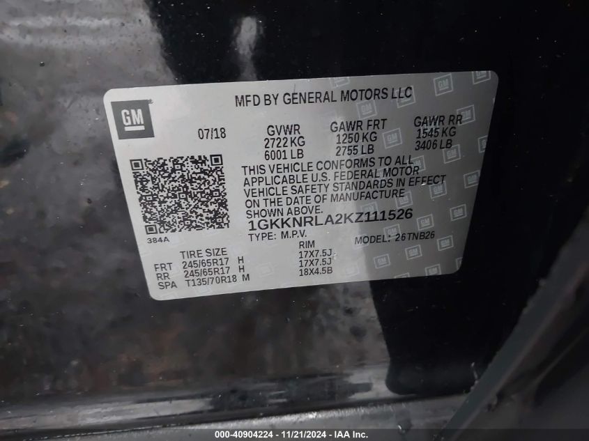 VIN 1GKKNRLA2KZ111526 2019 GMC Acadia, Sle-1 no.9