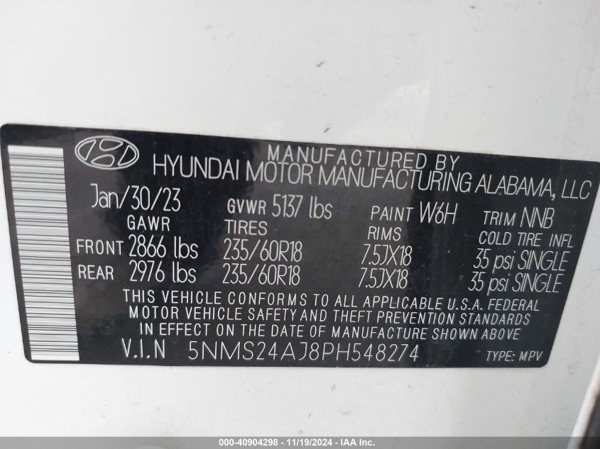 2023 Hyundai Santa Fe Sel VIN: 5NMS24AJ8PH548274 Lot: 40904298