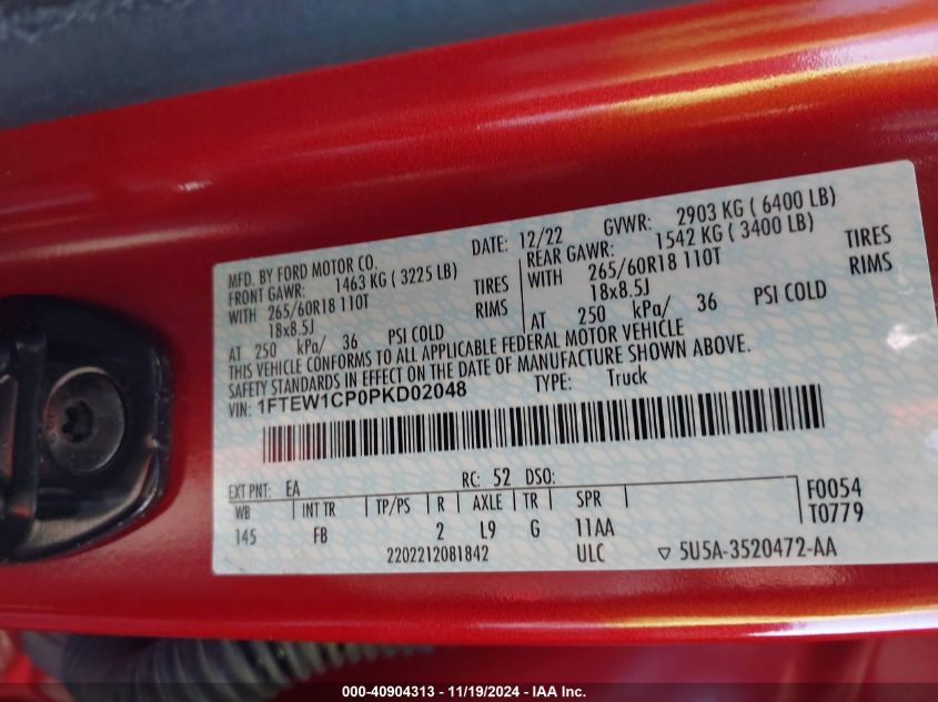 2023 FORD F150 VIN: 1FTEW1CP0PKD02048