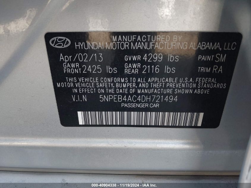 2013 Hyundai Sonata Gls VIN: 5NPEB4AC4DH721494 Lot: 40904338