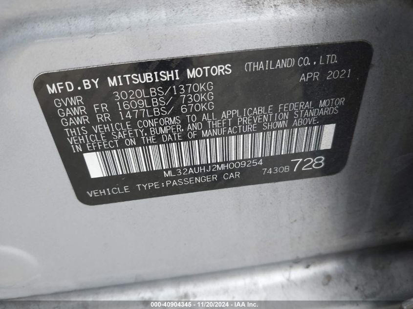 2021 Mitsubishi Mirage Carbonite Edition/Es/Le VIN: ML32AUHJ2MH009254 Lot: 40904345