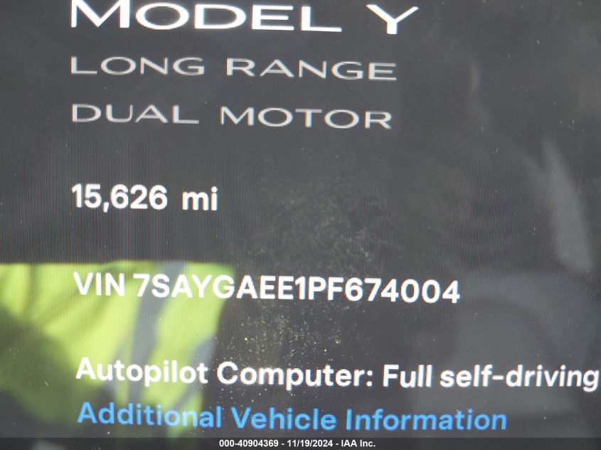 2023 Tesla Model Y Awd/Long Range Dual Motor All-Wheel Drive VIN: 7SAYGAEE1PF674004 Lot: 40904369