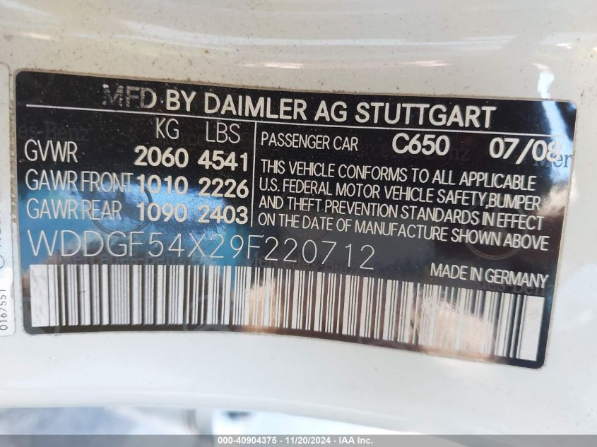 2009 Mercedes-Benz C 300 Luxury/Sport VIN: WDDGF54X29F220712 Lot: 40904375