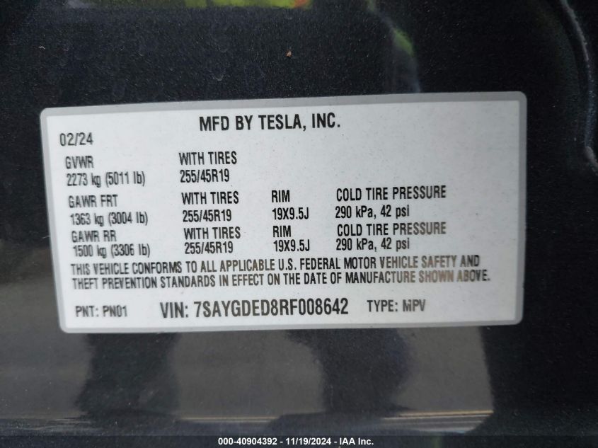 2024 Tesla Model Y Long Range Dual Motor All-Wheel Drive/Rwd VIN: 7SAYGDED8RF008642 Lot: 40904392