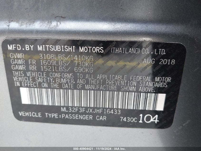 2018 Mitsubishi Mirage G4 Es VIN: ML32F3FJXJHF16433 Lot: 40904421