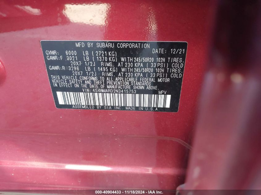 VIN 4S4WMARD2N3415753 2022 SUBARU ASCENT TOURING