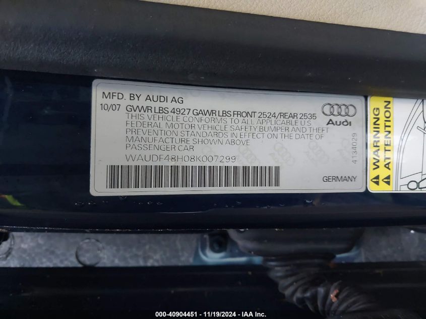 2008 Audi A4 2.0T VIN: WAUDF48H08K007299 Lot: 40904451