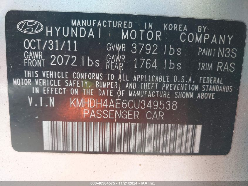 2012 Hyundai Elantra Gls (Ulsan Plant) VIN: KMHDH4AE6CU349538 Lot: 40904575