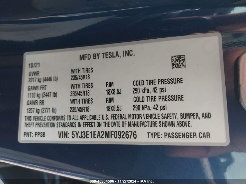 VIN 5YJ3E1EA2MF092676 2021 Tesla Model 3, Standard... no.9