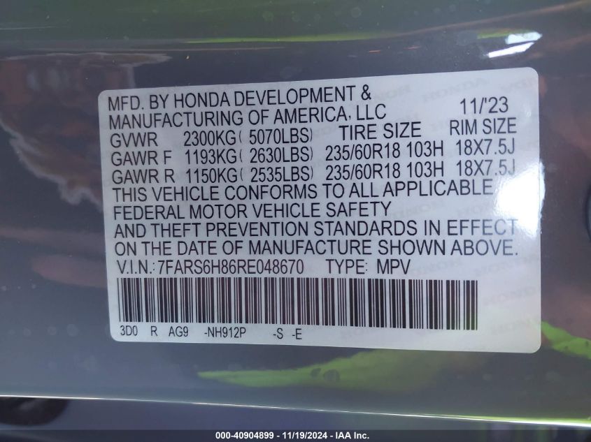 VIN 7FARS6H86RE048670 2024 Honda CR-V, Hybrid Sport-L no.9