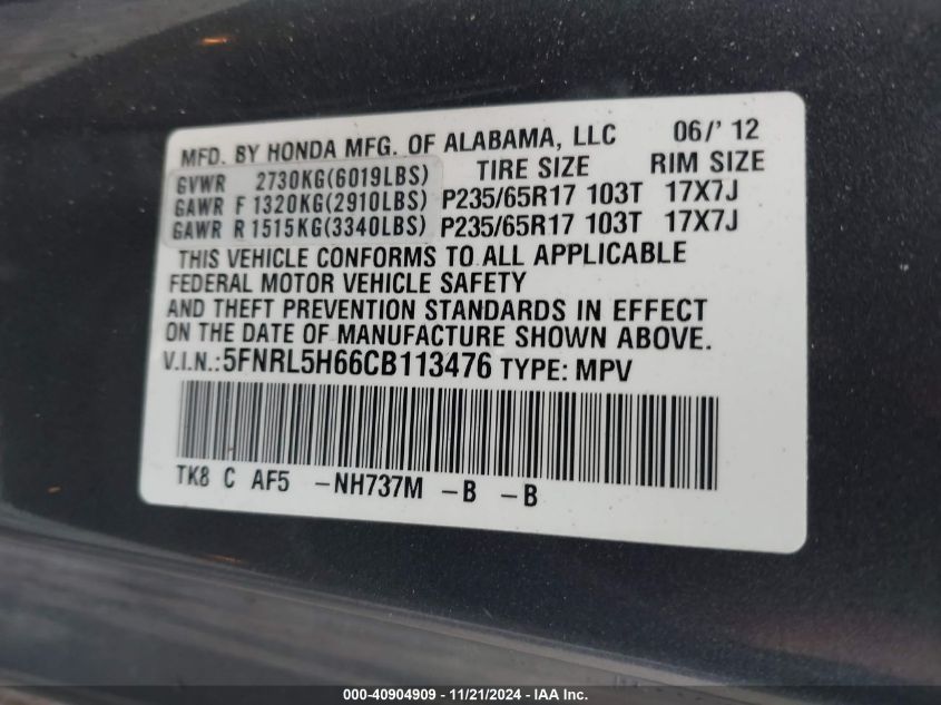 2012 Honda Odyssey Ex-L VIN: 5FNRL5H66CB113476 Lot: 40904909